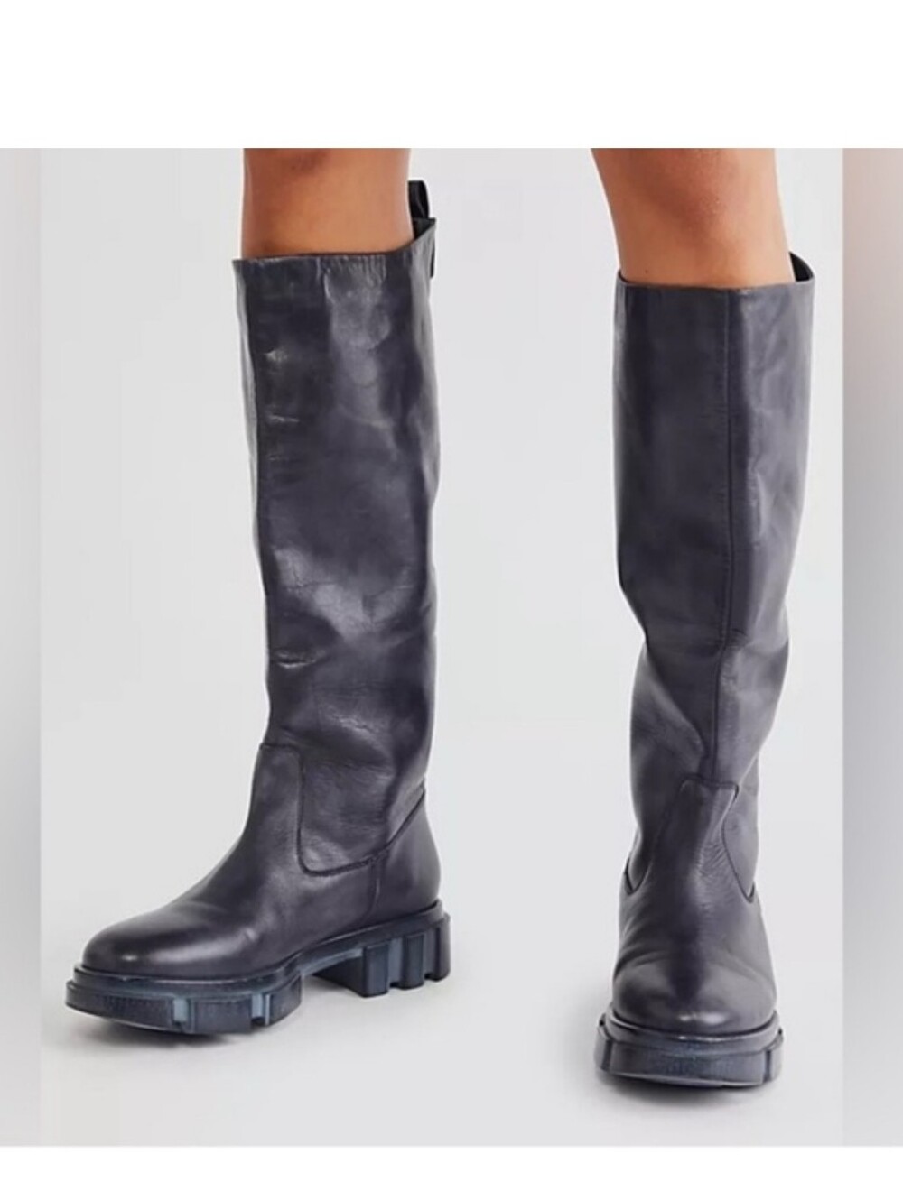 Free People Brooks Tall Leather Boots Black Lug Sole Size 38 - NWOT